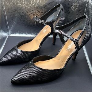 J.Renee Black Textured Slingback Heels With Mesh Ankle Strap